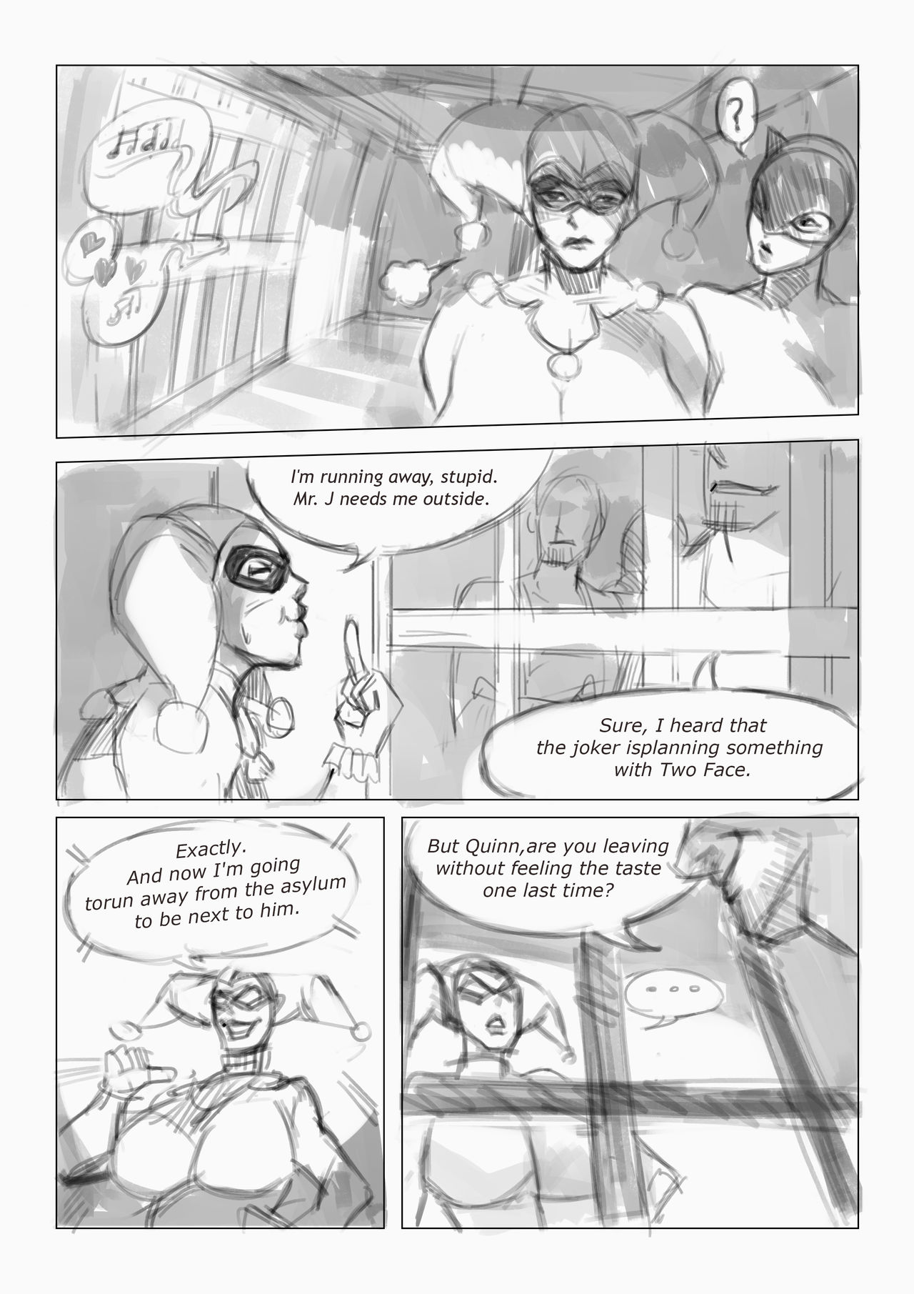 Catwoman and Quinn doujin sketch page 4 full